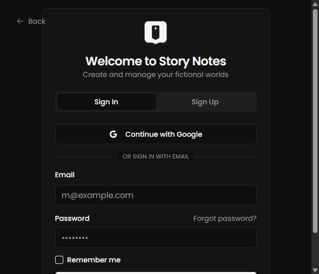 StoryNotes signup screen