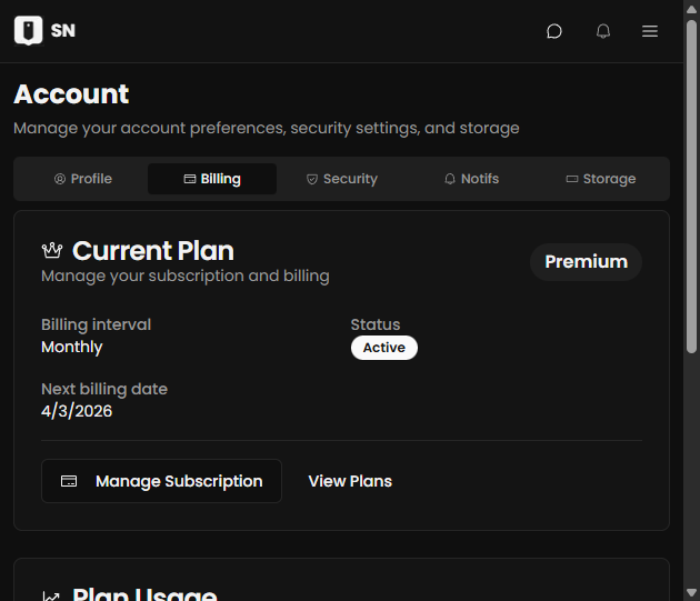 Billing plans screen