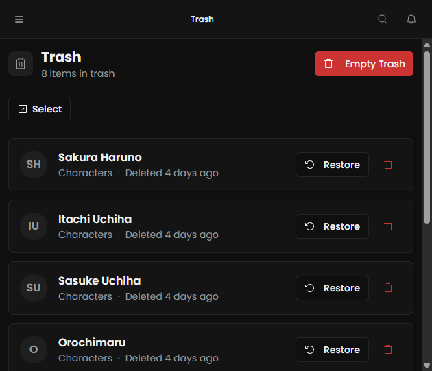 Restore from trash screen